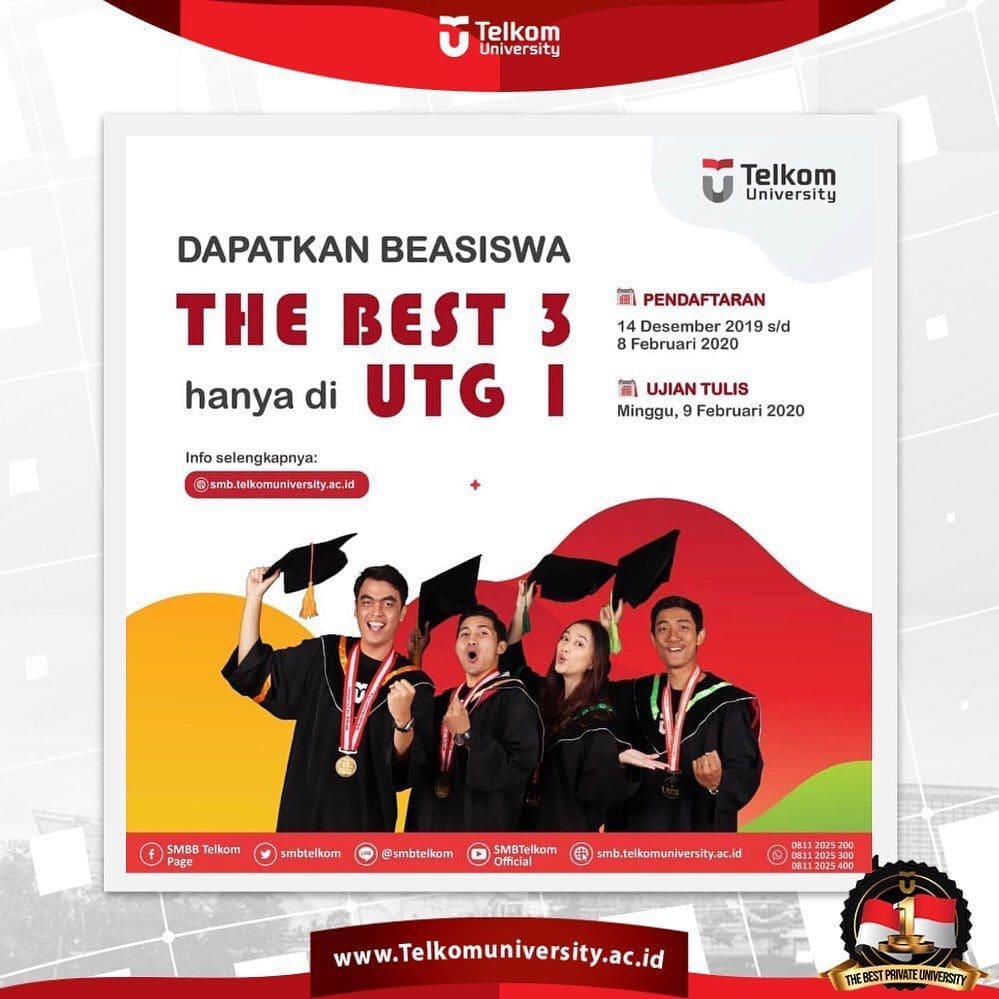telah dibuka utg 1 ujian tulis gelombang 1pendaftaran 14 des 2019 8 februari 2020ujian tulis minggu 9 februari 2020tersedia beasiswa best 3 yuk tunggu apa lagi daftarkan dirimu segeratelkomuniversity creatingthefuture 1