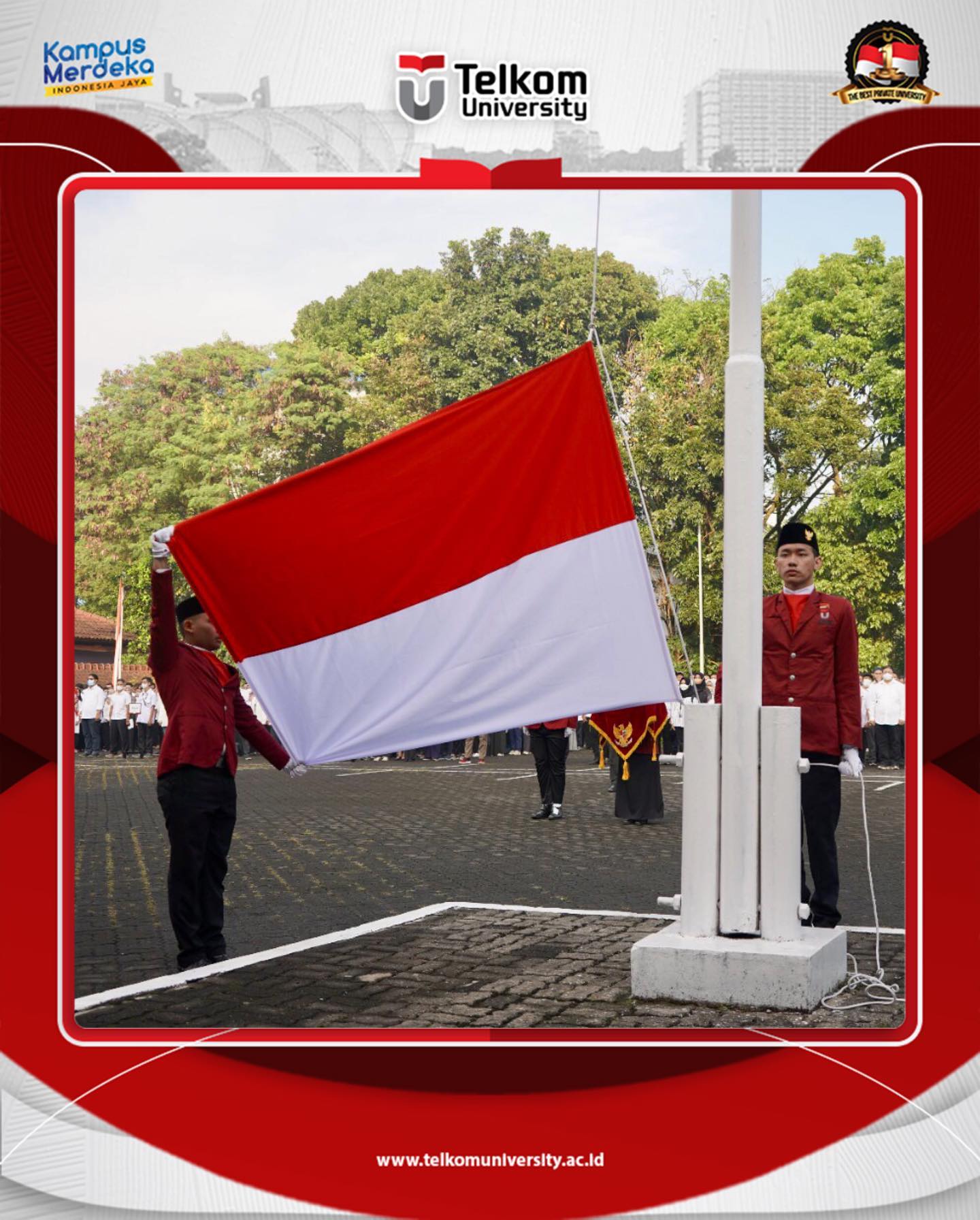 Pelaksanaan Upacara Bendera Peringatan HUT RI Ke-77 pada (17/8) di Lapangan Upacara Gedung Panambulai.Tahun ini, upacara dilaksanakan secara onsite dan diikuti oleh pimpinan, struktural, dosen dan pegawai Telkom University.Selamat ulang tahun ke-77 Republik Indonesia. Pulih lebih cepat, bangkit lebih kuat!#telkomuniversity #kampusswastaterbaik #creatingthefuture #contributetothenation#HUTRI2022 - from Instagram
