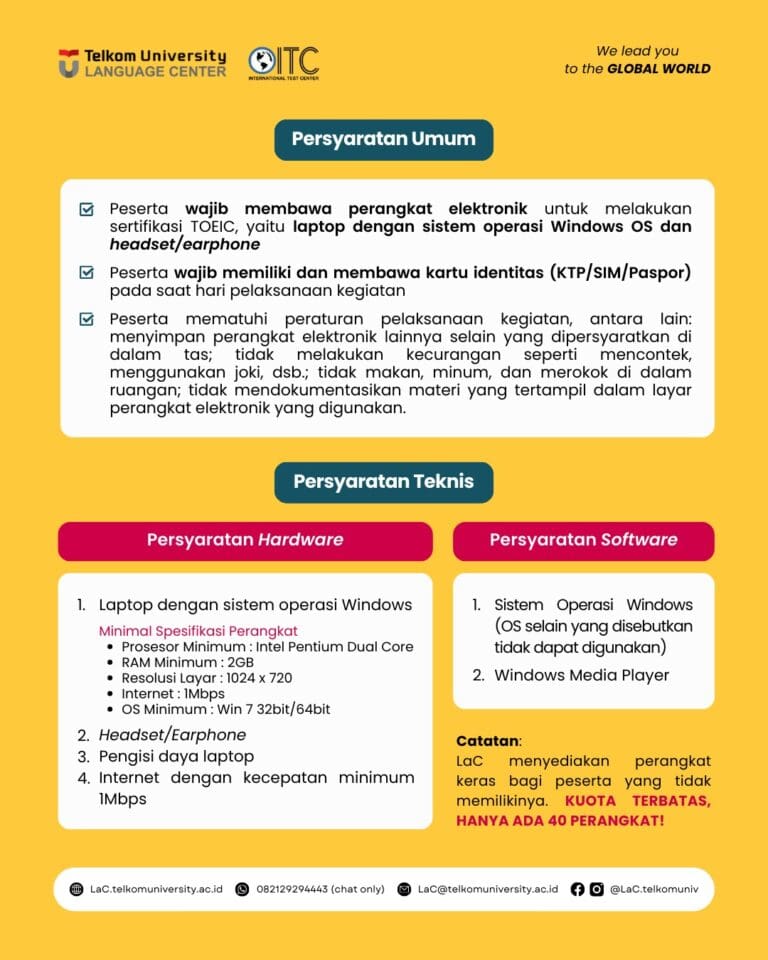 tes TOEIC untuk Civitas Tel U secara onsite di LaC